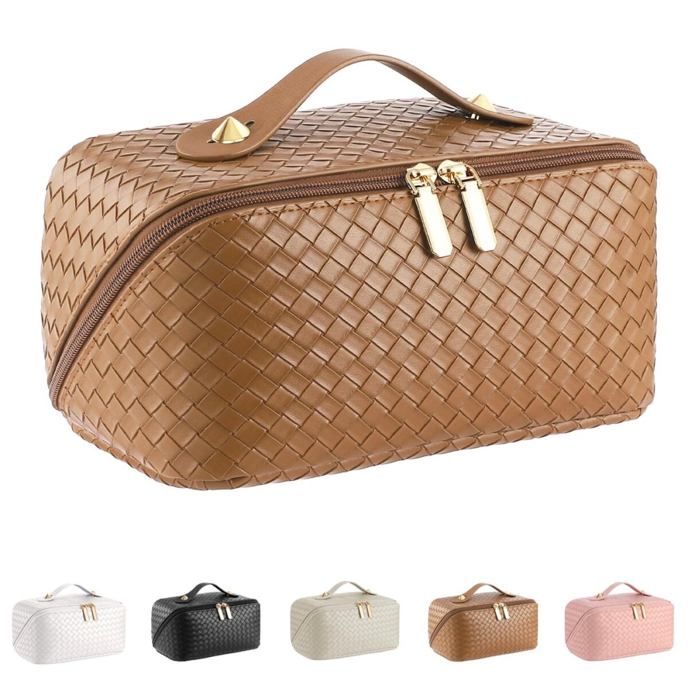 Large Capacity Travel Cosmetic Bag - PU Leather Makeup Organizer Bag Portable Woven Makeup Bags for Women Waterproof Travel Toiletry Bag with Divider Pouch, Brown