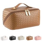 Large Capacity Travel Cosmetic Bag - PU Leather Makeup Organizer Bag Portable Woven Makeup Bags for Women Waterproof Travel Toiletry Bag with Divider Pouch, Brown