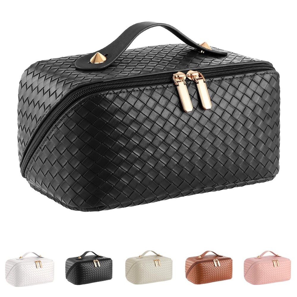 Large Capacity Travel Cosmetic Bag - PU Leather Makeup Organizer Bag Portable Woven Makeup Bags for Women Waterproof Travel Toiletry Bag with Divider Pouch, Black