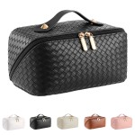 Large Capacity Travel Cosmetic Bag - PU Leather Makeup Organizer Bag Portable Woven Makeup Bags for Women Waterproof Travel Toiletry Bag with Divider Pouch, Black