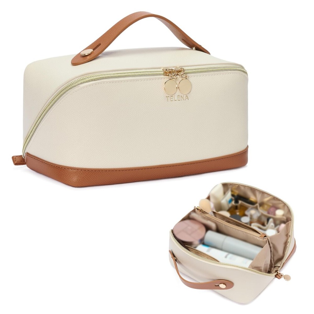 Telena Leather Make Up Bag Portable Travel Makeup Bag Waterproof Cosmetic Bags for Women Large Capacity With Handle and Divider Open Flat