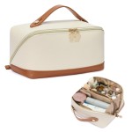 Telena Leather Make Up Bag Portable Travel Makeup Bag Waterproof Cosmetic Bags for Women Large Capacity With Handle and Divider Open Flat