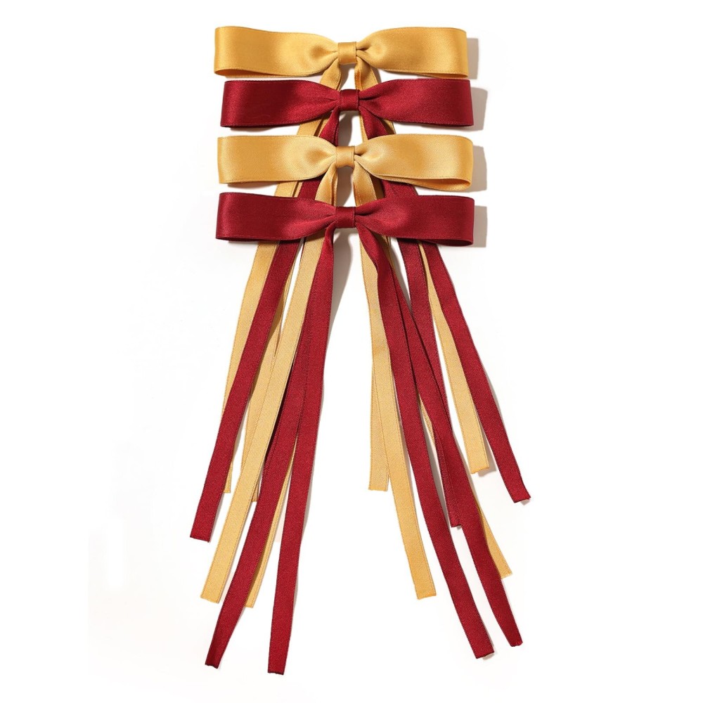 LFOUVRE Hair Accessories - 4pcs Bow Clips with Long Tails, Solid Tassel Bowknot Barrettes, Metal Barrettes for Women, Girls in Yellow and Burgundy