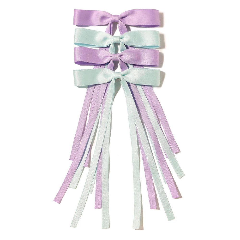 LFOUVRE Hair Clip, 4pcs Bow Hair Clips for Women, Hair Clips with Long Tail Tassel Ribbon, Claw Clips with Bow, Bowknot Barrettes, Hair Accessories for Women Purple Sky Blue