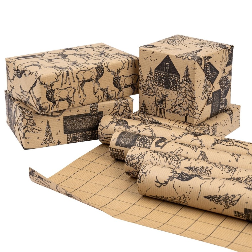 RUSPEPA Kraft Wrapping Paper Rolls - 17 inches x 10 feet per Roll, Total of 4 Rolls, Black Sketch Design