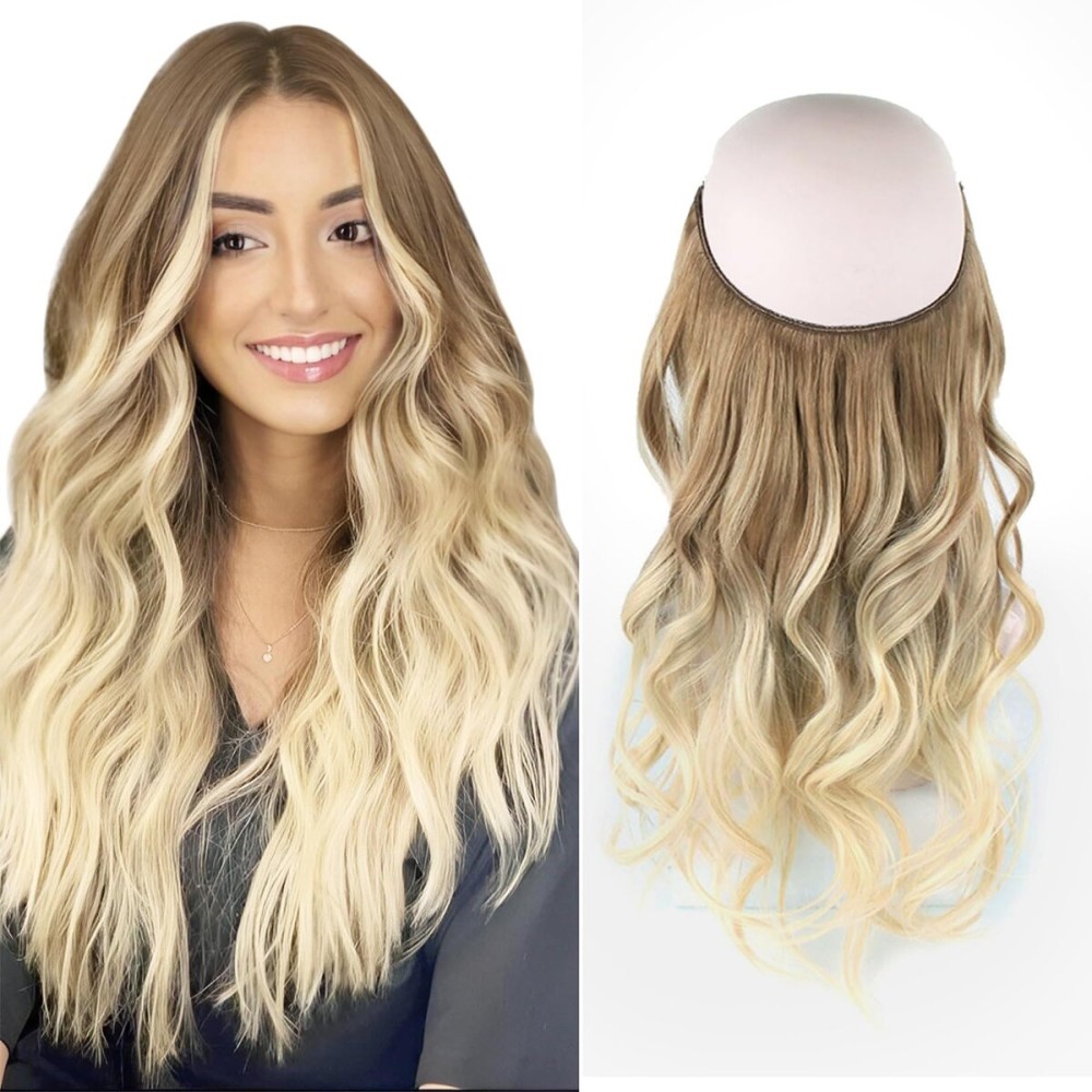 Sassina Invisible Wire Hair Extensions Real Human Hair with Transparent Wire Adjustable Size Secure Clips Natural Straight Secret Miracle Hairpiece, Balayage 8-60 16 Inch 80 Gram