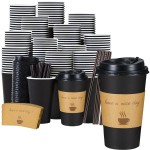 Lamosi 16 oz Coffee Cups 50 Pack, Disposable Coffee To Go Cups with Lids, Stir Sticks and Sleeves, 16 oz Black Hot Paper Cup for Home, Travel, Office