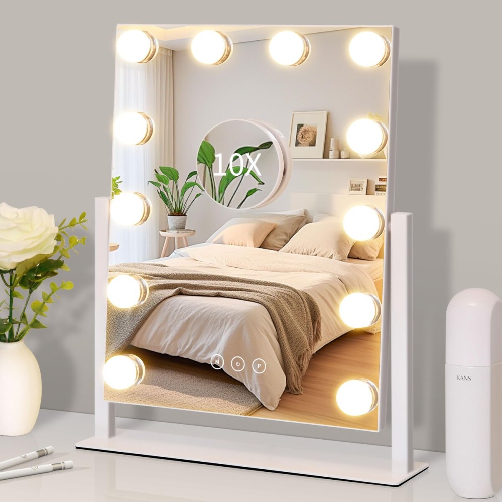 Kotdning Vanity Mirror with Lights,Lighted Vanity Mirror with 12 Dimmable Bulbs for Dressing Room & Bedroom,3 Color Lighting,Modes Detachable 10x Magnification 360Ratation (White) 14.6 L x 17 W