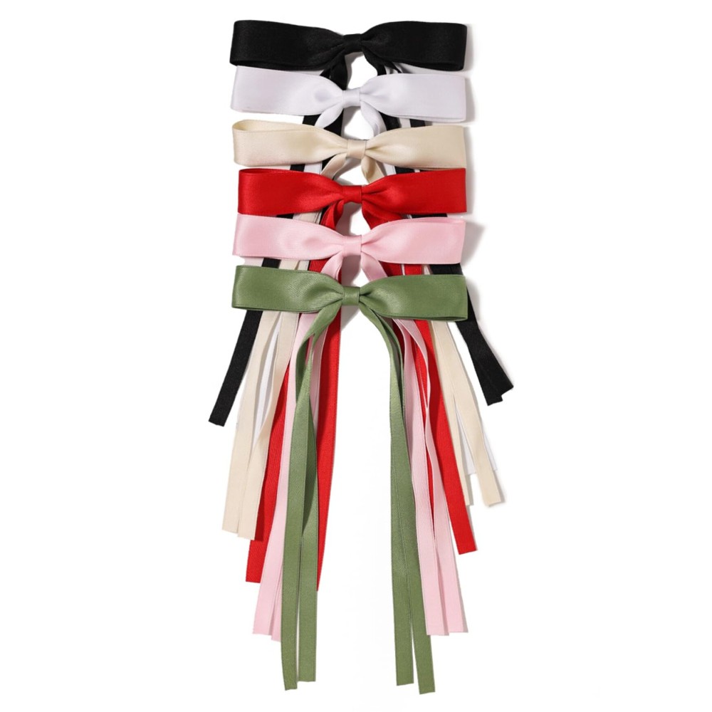 LFOUVRE Bow Hair Clips for Women, Ribbon Bows 6pcs Tassel Clips, Claw Clip with Bow, Solid Metal Hair, BowKnot Barrettes Accessories Girls Teens Black White Beige Red Pink Green MYH5164MXO