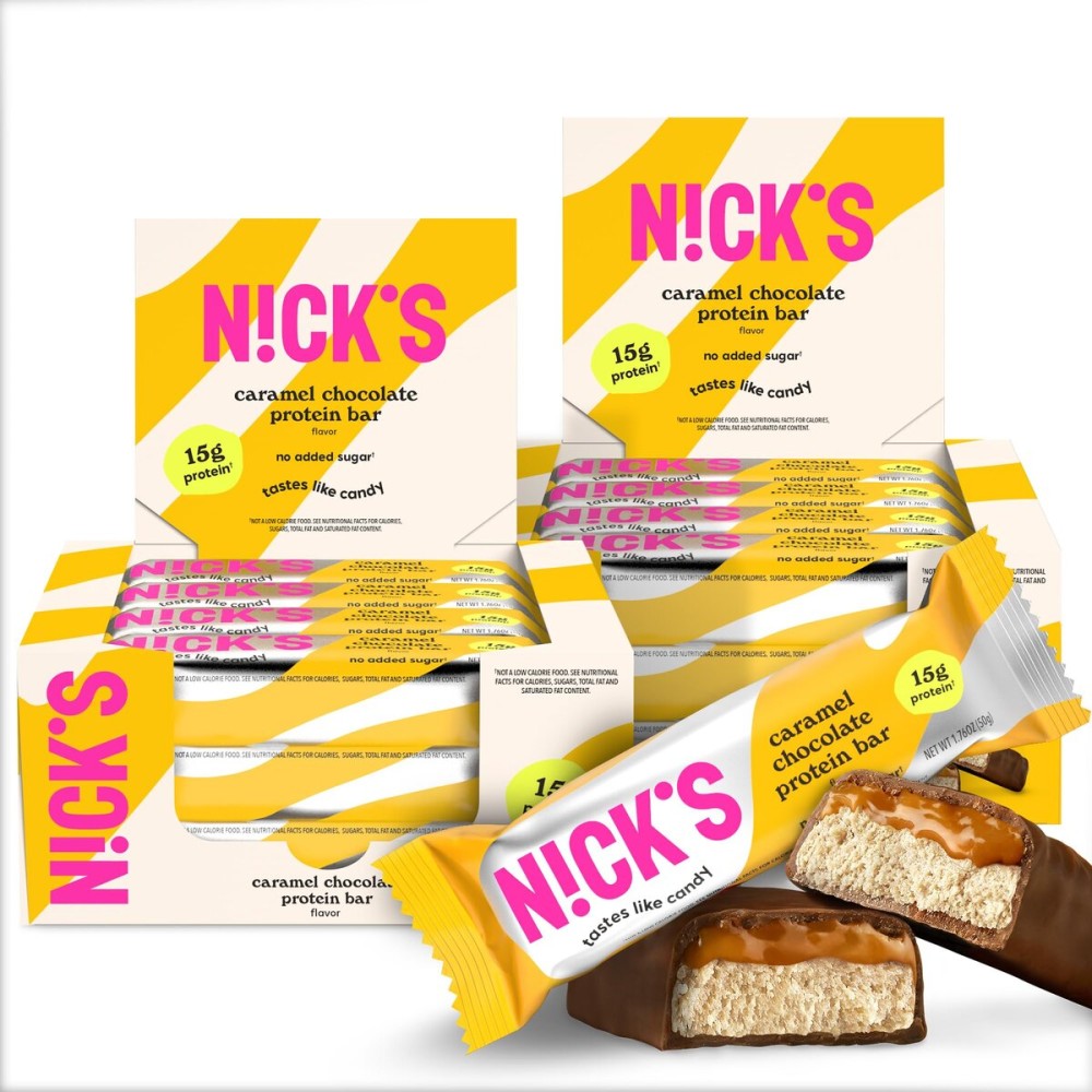 Nick\'s Protein Bars Chocolate Caramel | 15g protein | 190 calories | Low Carb Keto Friendly Snacks No Added Sugar (Multipack 24 bars x 50g)
