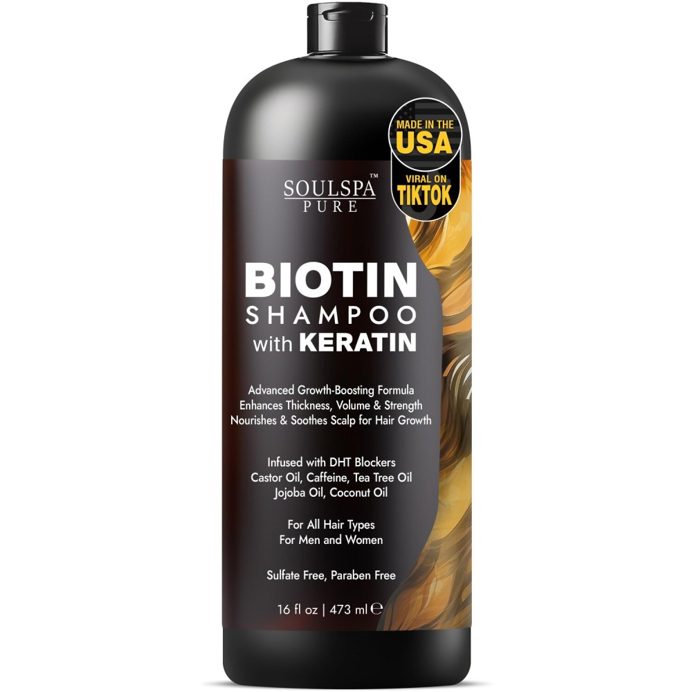 SOULSPA PURE Biotin Shampoo with Keratin - Advanced Anti-Thinning, Hair Growth & Repair Formula - Soothes Scalp, with Tea Tree Oil & DHT Blockers - Strong, Healthy Hair for Men & Women - 16 fl oz