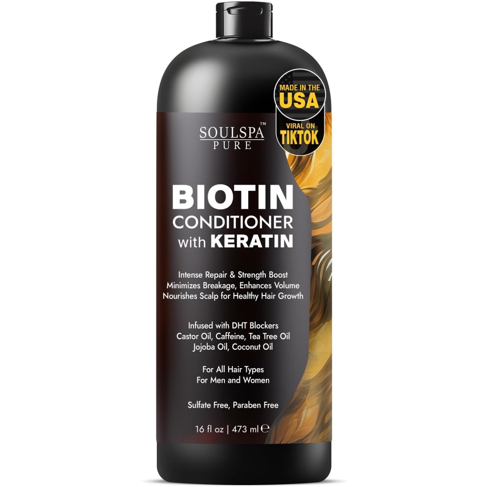 Biotin Conditioner with Keratin - Intense Repair & Strength Boost Formula - Nourishes Scalp for Healthy Hair Growth, with Tea Tree Oil & DHT Blockers, for Men & Women, 16 fl oz - SOULSPA PURE