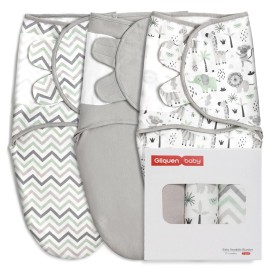 GLLQUEN BABY Organic Swaddle Sleep Sacks for Newborn - Baby Swaddles 0-3 Months, 3-Pack Newborn Swaddling Sack, Gray Stripe & Animal World, Baby Swaddle Blanket Wrap (Small/Medium)