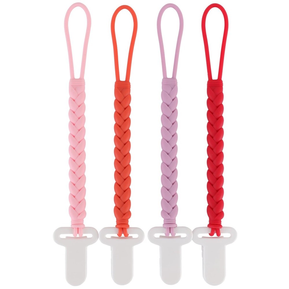 4-Pack Silicone Pacifier Clips with a Woven Rope Shape for Baby Boys and Girls - Flexible and Rust-Free Holders for Teething Relief and Baby Essentials, Safe for Newborns (Pink)