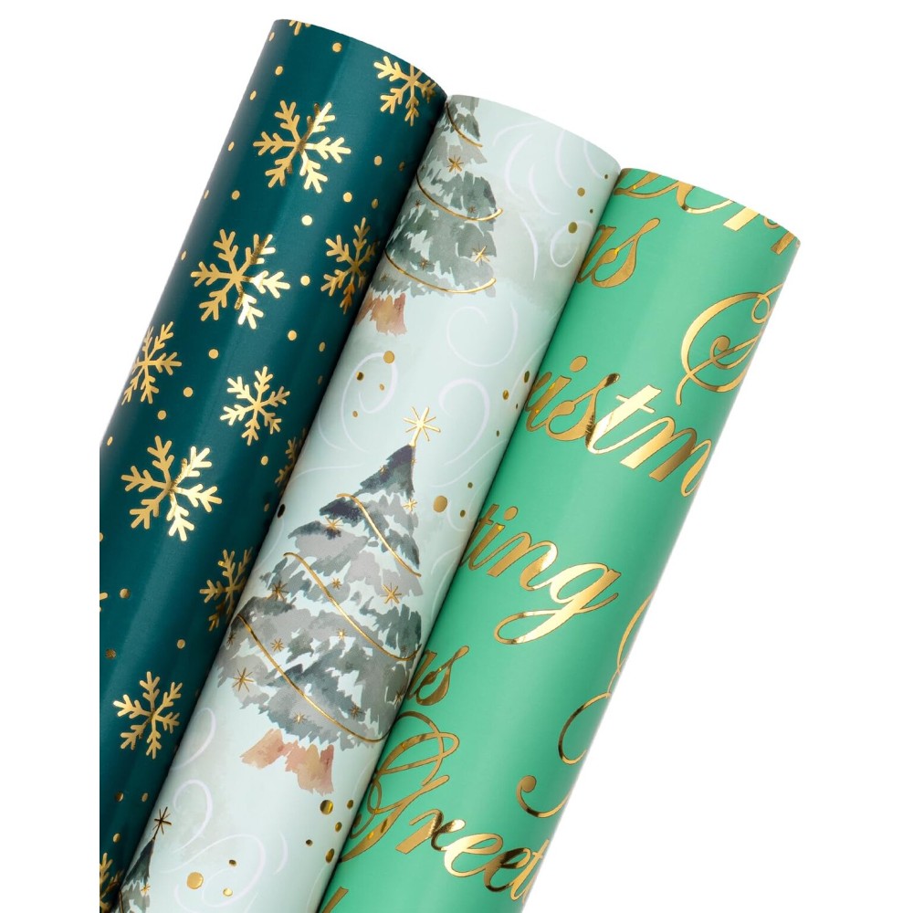 WRAPAHOLIC Christmas Wrapping Paper - 3 Rolls, 17 Inch X 120 Inch Each - Green Foil Christmas Tree, Snowflake Designs with Metallic Shine - Perfect for Christmas, Holiday