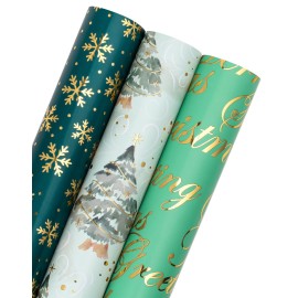 WRAPAHOLIC Christmas Wrapping Paper - 3 Rolls, 17 Inch X 120 Inch Each - Green Foil Christmas Tree, Snowflake Designs with Metallic Shine - Perfect for Christmas, Holiday