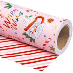 WRAPAHOLIC Reversible Christmas Wrapping Paper - Mini Roll - 17 Inch x 33 Feet - Santa Claus Cup and Stripe Wrapping Paper for Chrsitmas, Holiday, Party Celebration