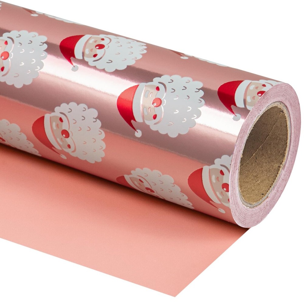 WRAPAHOLIC 30 Inch Jumbo Reversible Christmas Wrapping Paper - 30 Inch x 100 Feet Jumbo Roll Santa Claus Wrapping Paper and Solid Rose Gold Design with Metallic Foil Shine for Chrsitmas, Holiday