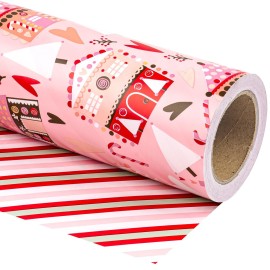 WRAPAHOLIC Reversible Christmas Wrapping Paper - Mini Roll - 17 Inch x 33 Feet - House with Christmas Tree and Candy Cane Wrapping Paper for Holiday, Party Celebration