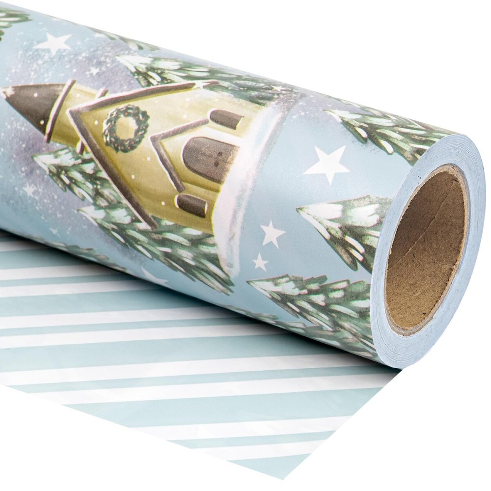 WRAPAHOLIC 30 Inch Jumbo Reversible Christmas Wrapping Paper - 30 Inch x 100 Feet Jumbo Roll Silver and White Xmas Tree and House Printed on Pearlized Paper for Christmas, Holiday