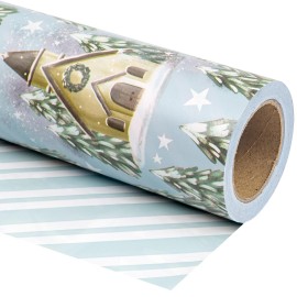 WRAPAHOLIC 30 Inch Jumbo Reversible Christmas Wrapping Paper - 30 Inch x 100 Feet Jumbo Roll Silver and White Xmas Tree and House Printed on Pearlized Paper for Christmas, Holiday