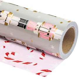 WRAPAHOLIC 30 Inch Jumbo Reversible Nutcracker Christmas Wrapping Paper - 30 Inch x 100 Feet Jumbo Roll Nutcracker and Candy Cane Design Printed on Pearlized Paper for Chrsitmas, Holiday, Party