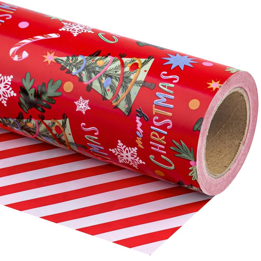 WRAPAHOLIC Reversible Christmas Wrapping Paper - Mini Roll - 17 Inch x 33 Feet - Red Christmas Tree Wrapping Paper and Stripe Design for Holiday, Party Celebration