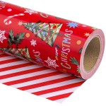 WRAPAHOLIC Reversible Christmas Wrapping Paper - Mini Roll - 17 Inch x 33 Feet - Red Christmas Tree Wrapping Paper and Stripe Design for Holiday, Party Celebration