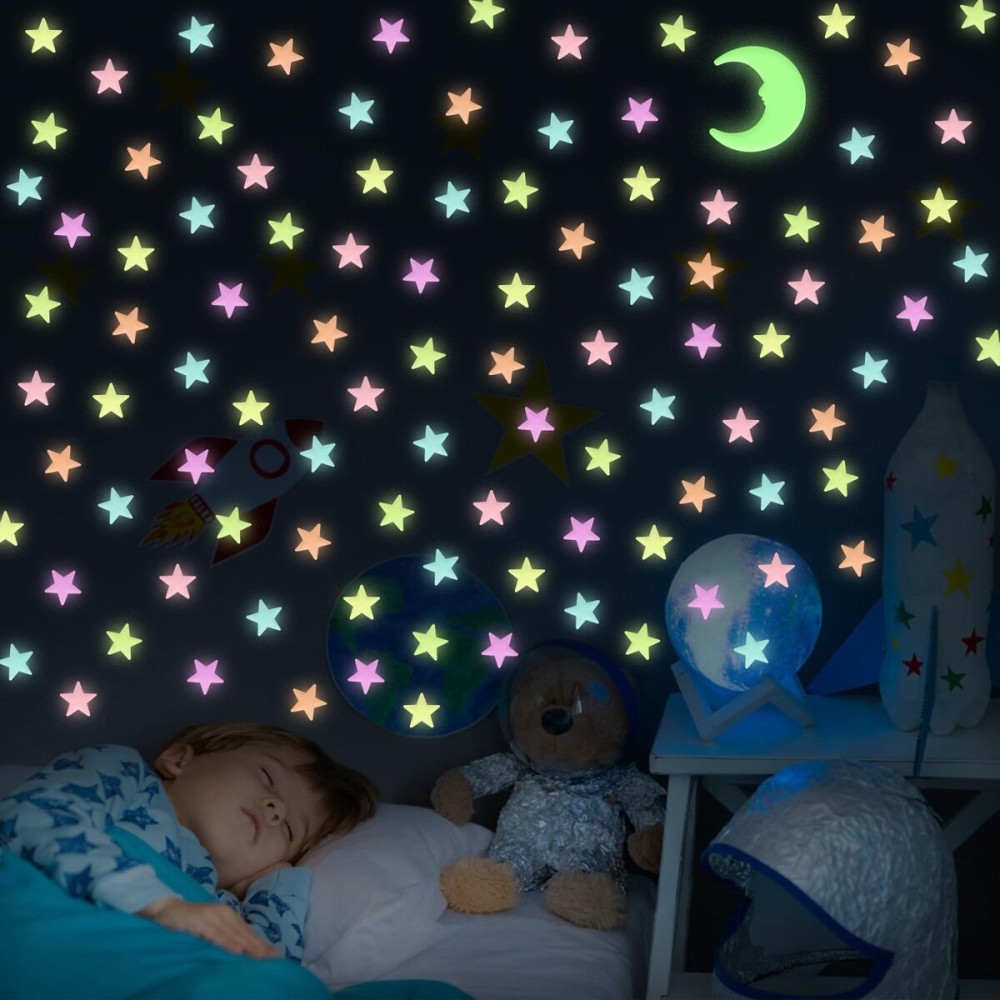 Glow in The Dark Stars and Moon for Ceiling - 200 Pcs Colorful 3D Glowing Stars for Kids Room Decor - Luminous Stickers Create a Realistic Starry Sky Ceiling Decor