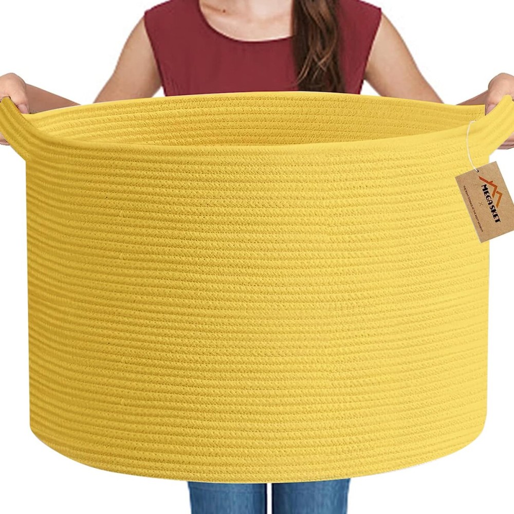MEGASKET Extra Large Yellow Basket, 22 X 22 X 14 Cotton Rope Yellow Decor for Living Room Bedroom, Woven Basket for Blanket, Laundry, Towel, Shoe, Baby Nursery Toy Organizer, Room Decor Storage Bin