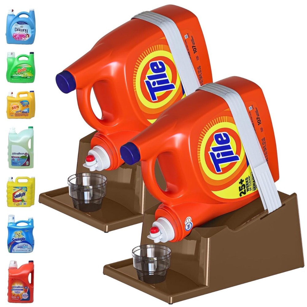 TidyFriend Laundry Detergent Holder Stand Organizer with Drip Tray, 2 Pack Laundry Soap Holder with Non-Slip Rubber Feet for Washing Space Organization, Angled Downward Slope for Easy Pouring (Brown)