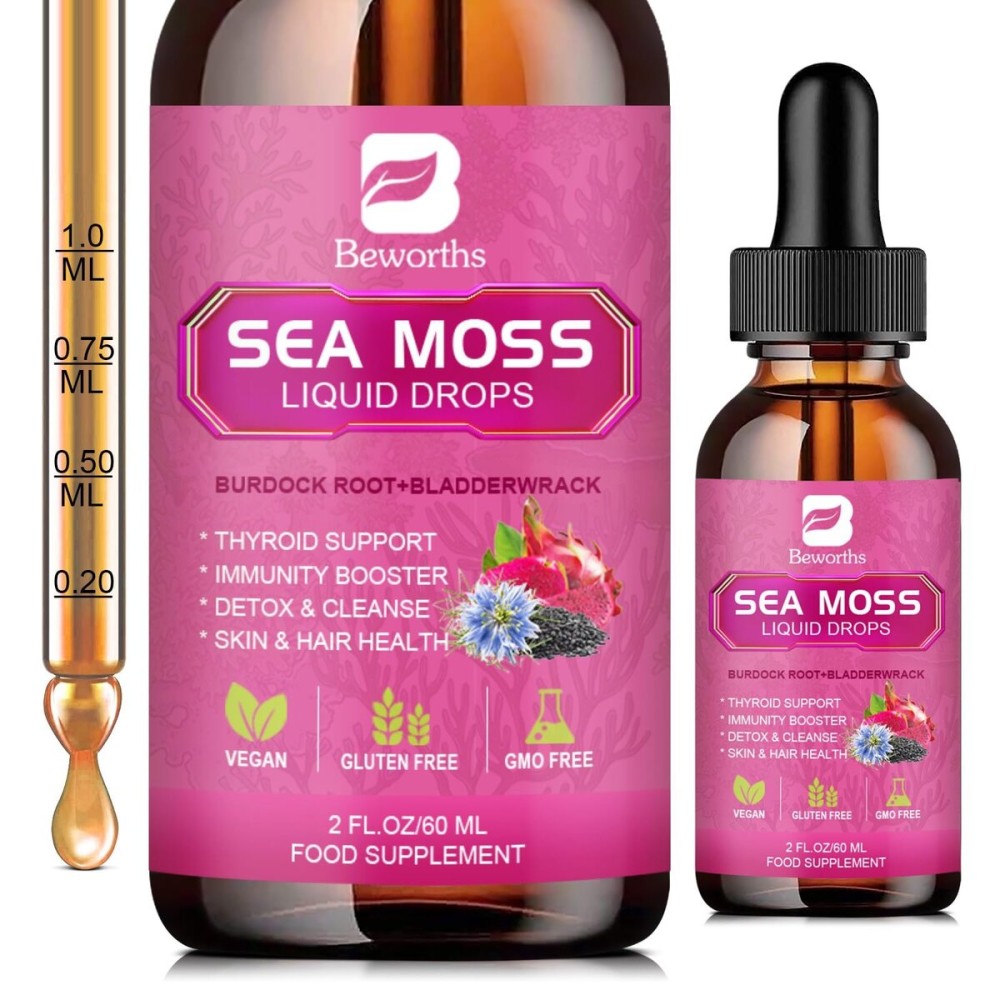 Sea Moss Liquid Drops - Organic Irish Sea Moss with Black Seed Oil, Burdock Root, Bladderwrack, Elderberry, Vitamin C, D3 | 6X Stronger Seamoss Support Immune, Energy, Digestive, Hair Health - Vegan