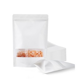 FireKylin 100 Pcs White Paper Bags with Window, 7.9 x 11.8 Stand Up Pouches Bags, Zipper Food Storage Bags for Packaging Products, Reusable, Sealable
