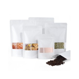 FireKylin 100 Pcs White Paper Bags with Window, 4.7/inch x 7.9/inch Stand Up Pouches Bag, Zipper Food Storage Bags for Packaging Products, Reusable, Sealable