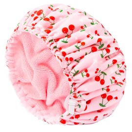 Shower Cap for Women Terry Lined Bath Cap Large Reusable Waterproof Elastic Band Pink Shower Caps for Long Thick Hair Soft Bath Shower Hair Caps