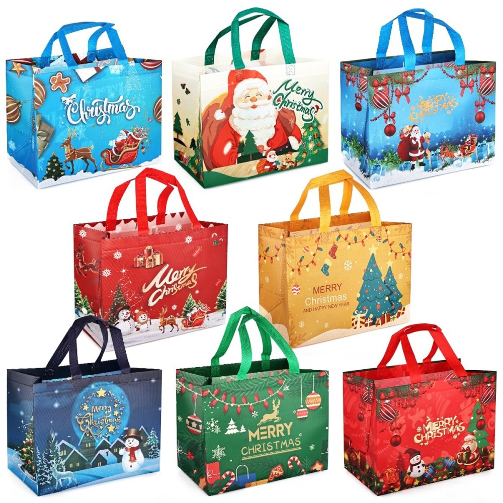 PARSUP 8PCS Christmas Gift Bags With Handles, Multifunctional Non-Woven Tote Bags for Gift Wrapping, Shopping, Party Supplies, 12.89.86.7