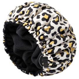 Shower Cap for Women Terry Lined Bath Cap Large Reusable Waterproof Elastic Band Leopard Shower Caps for Long Thick Hair Soft Bath Shower Hair Caps