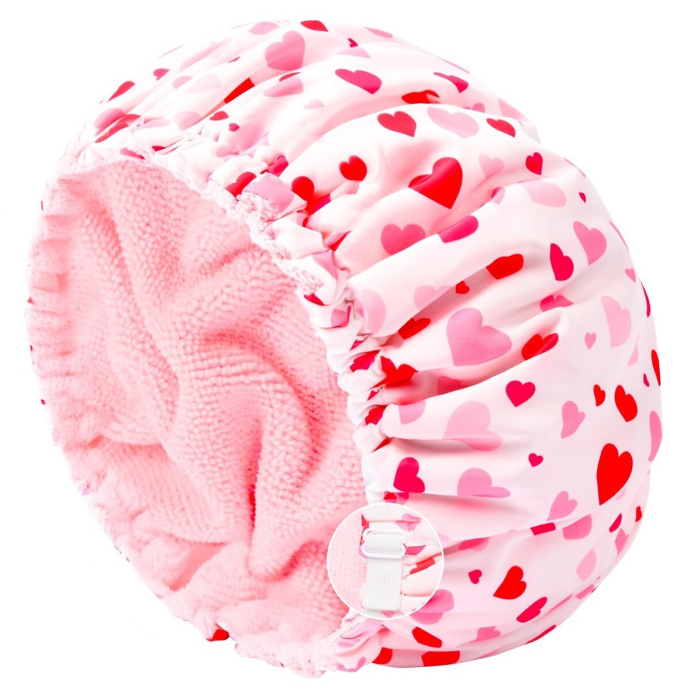 Shower Cap for Women Terry Lined Bath Cap Large Reusable Waterproof Elastic Band Pink Shower Caps for Long Thick Hair Soft Bath Shower Hair Caps