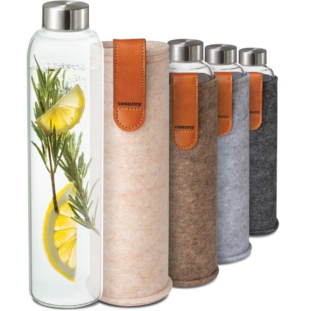 Cosumy Glass Water Bottle 25oz with Felt Sleeve - Borosilicate Glass - Leakproof Lid - BPA Free - Ideal for Work, Travel & Gym (Beige)