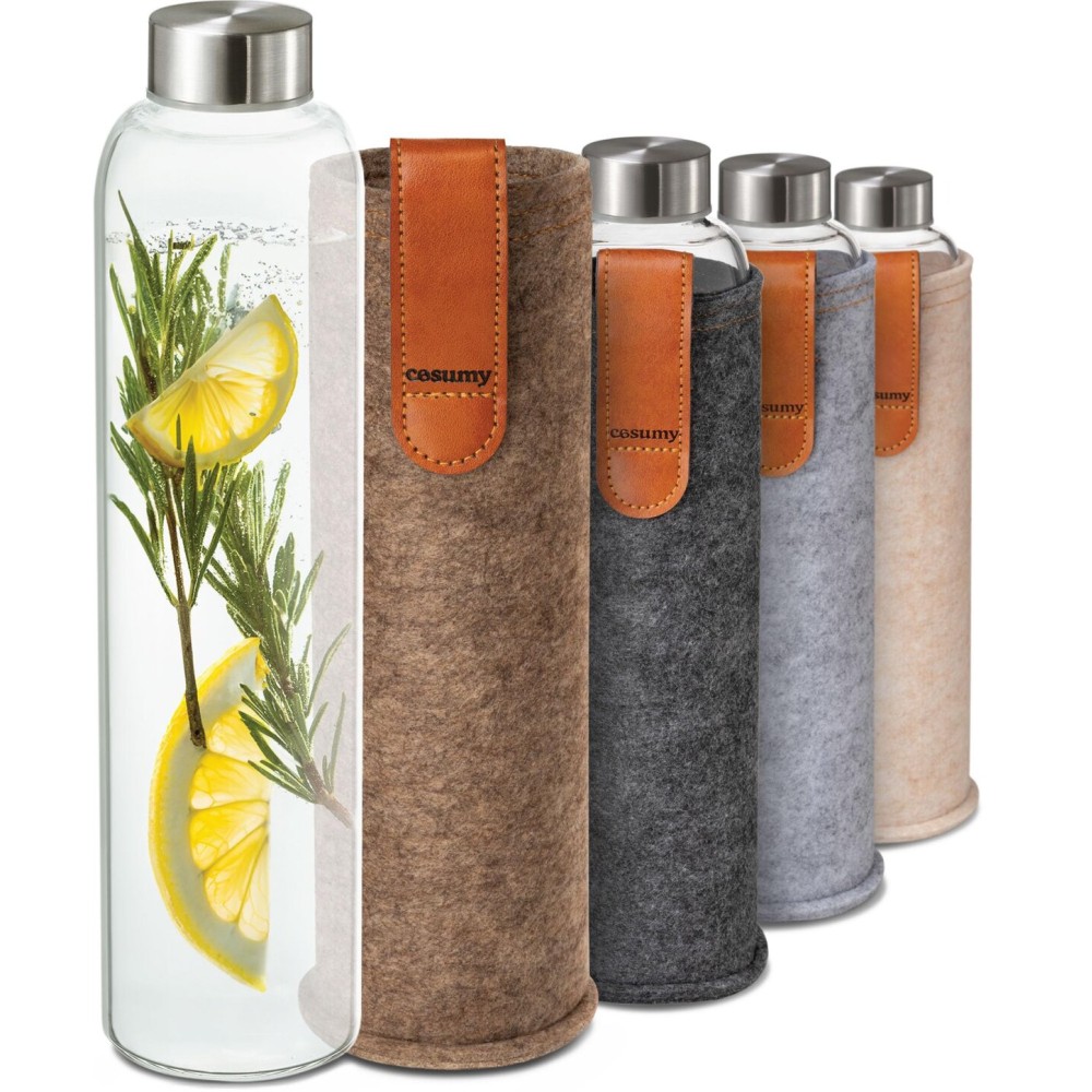 Cosumy Glass Water Bottle 25oz with Felt Sleeve - Borosilicate Glass - Leakproof Lid - BPA Free - Ideal for Work, Travel & Gym (Sand Brown)