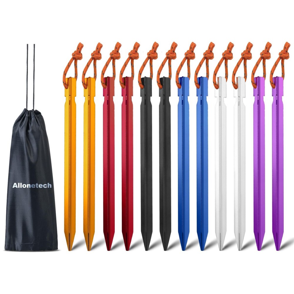 12 Pack Tent Stakes, 7075 Ground Metal Camping Aluminum Tent Pegs, Lightweight Tent Stakes Heavy Duty Non-Rust Spikes with Carrying Pouch for Canopy Outdoor Hiking Camping Accessories, Multi-Color