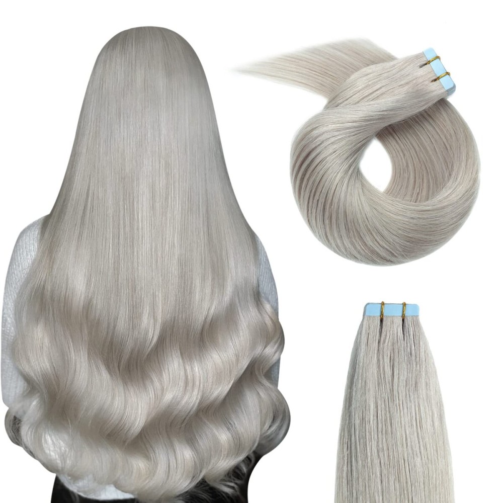 YILITE 20Pieces/Pack Fashion Silver Tape in Hair Extensions Human Hair,12inch 40g Silver Tape in Human Hair Extensions,Seamless Skin Weft Tape ins Hair Extensions (12inch Silver)