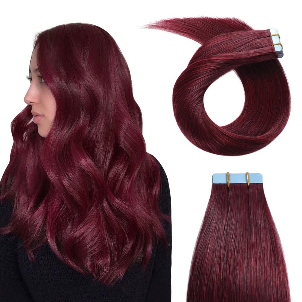 YILITE Burgundy Tape in Hair Extensions Human Hair 12inch 40g 20Pcs 99J Dark Red Tape in Hair Extensions Remy Human Hair,Skin Weft Tape in Human Hair Extensions (12inch 99J)