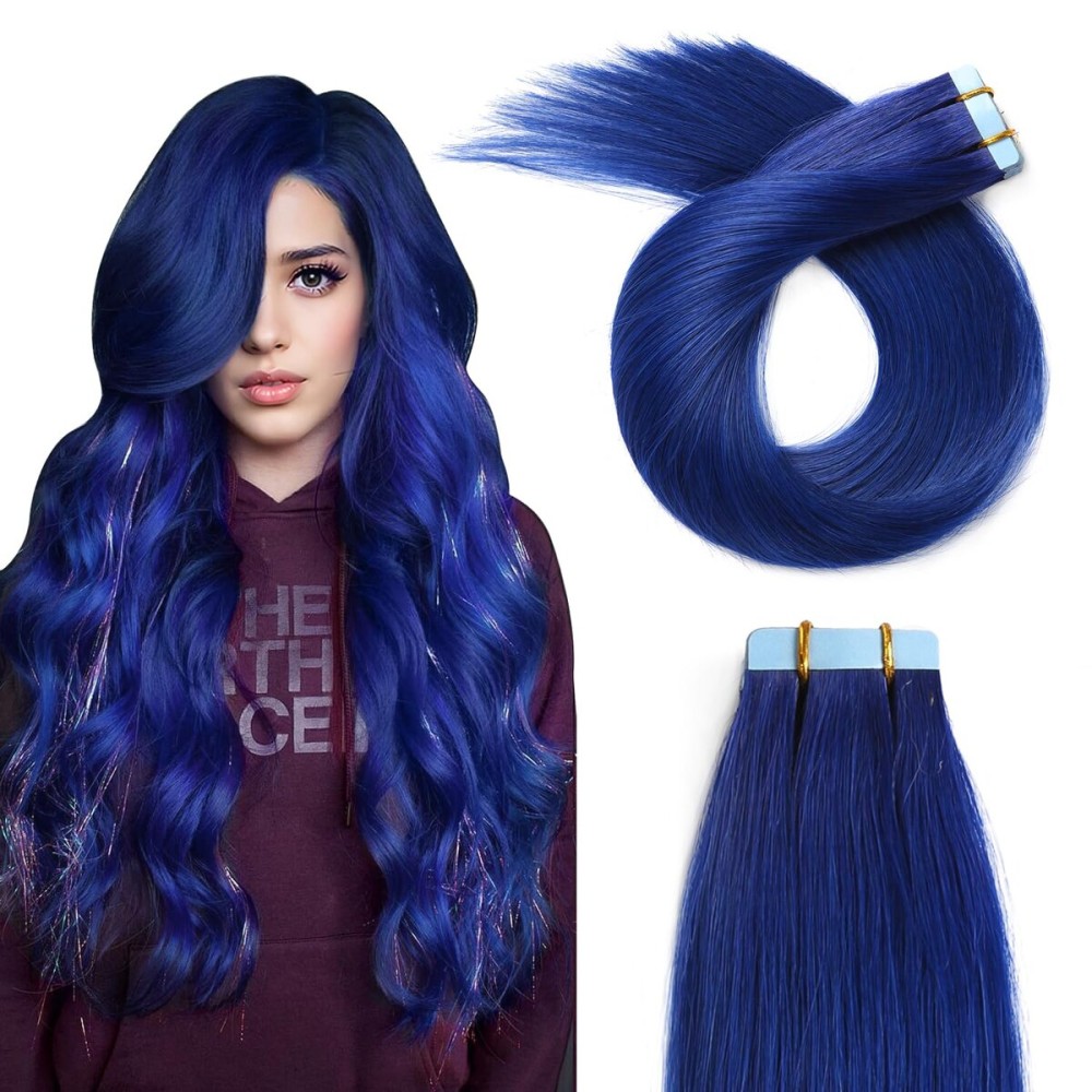 YILITE 20pcs/Pack Blue Tape in Human Hair Extensions, 12inch 40g Seamless Skin Weft Tape-ins (Blue)