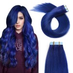 YILITE 20pcs/Pack Blue Tape in Human Hair Extensions, 12inch 40g Seamless Skin Weft Tape-ins (Blue)