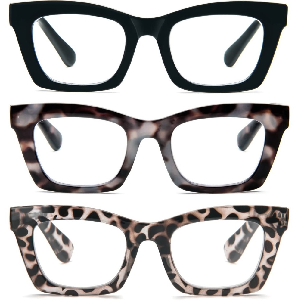 REAVEE 3 Pack Oprah Style Reading Glasses for Women Blue Light Blocking, Cute Oversized Square Computer Readers with Spring Hinge 0.0