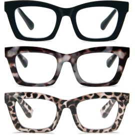 REAVEE 3 Pack Oprah Style Reading Glasses for Women Blue Light Blocking, Cute Oversized Square Computer Readers with Spring Hinge 0.0