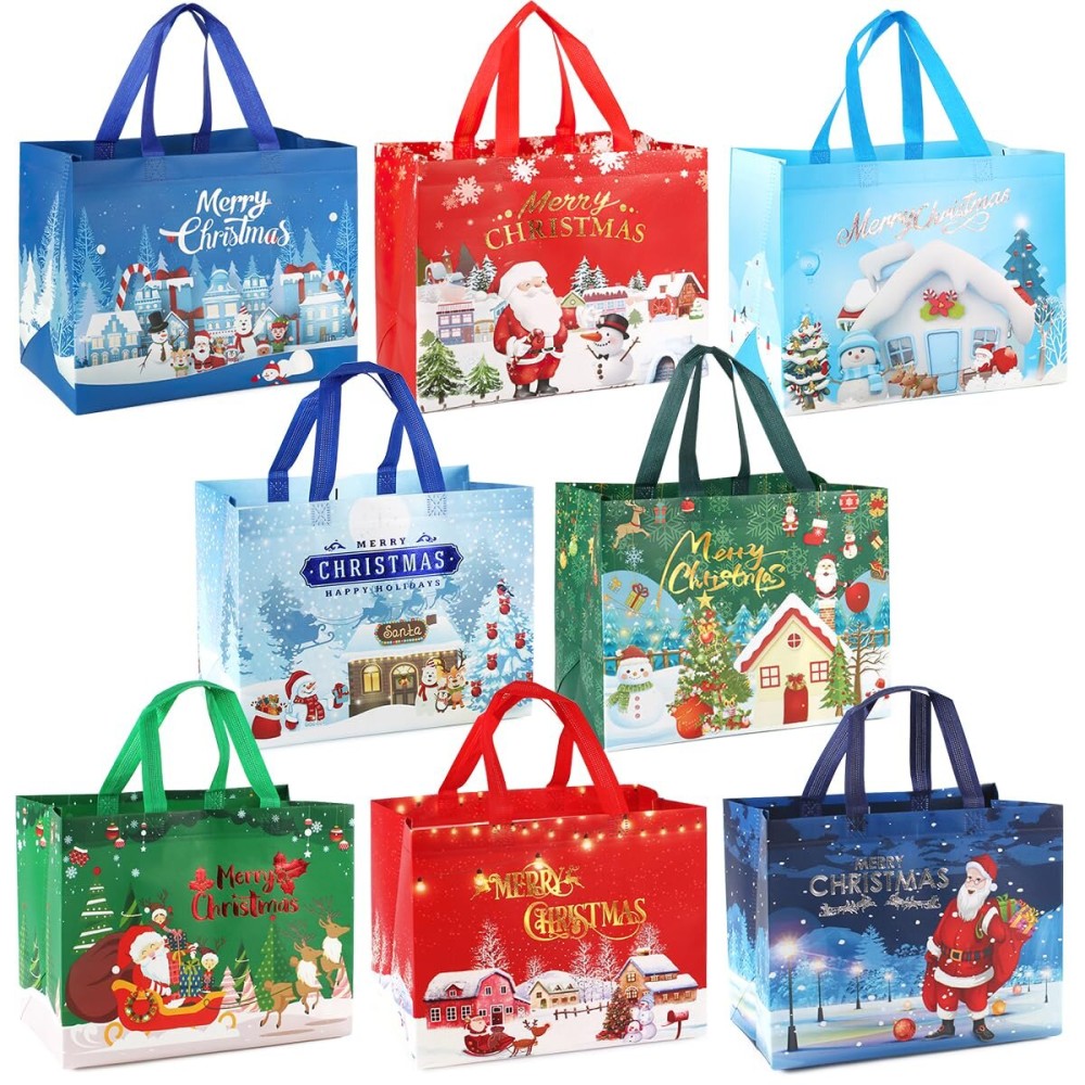 PARSUP 16PCS Christmas Gift Bags, Bronzing Non-WovenTote Treat Christmas Bags with Handles for Gifts Wrapping Shopping, Xmas Party Supplies, 12.8  9.8  6.7