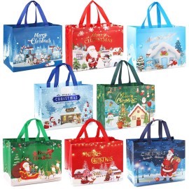 PARSUP 16PCS Christmas Gift Bags, Bronzing Non-WovenTote Treat Christmas Bags with Handles for Gifts Wrapping Shopping, Xmas Party Supplies, 12.8  9.8  6.7