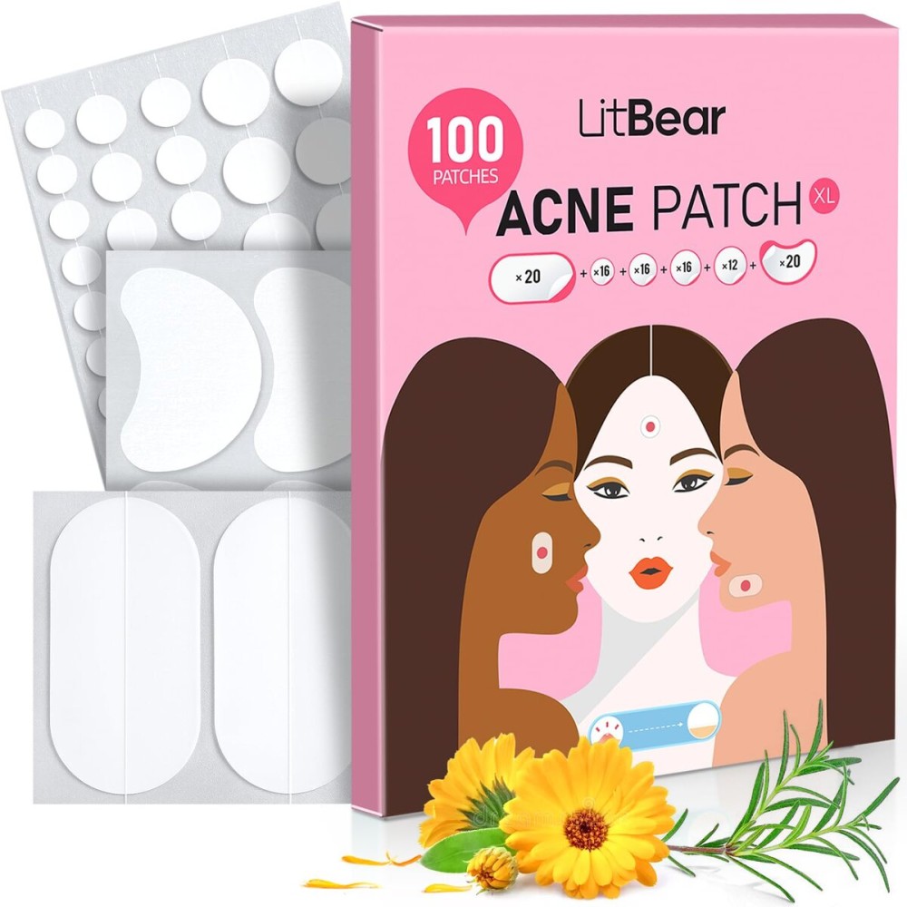 LitBear Large Acne Pimple Patches, 6 Sizes 100 Patches for Large Breakouts, Acne Patches for Face, Chin or Body, Acne Spot Patch with Tea Tree & Calendula Oil, Hydrocolloid Bandages for Acne Skin